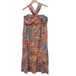 Grace Karin Retro Floral Halter Midi Dress 70s Style Blue Orange Pink Ruffle XL
